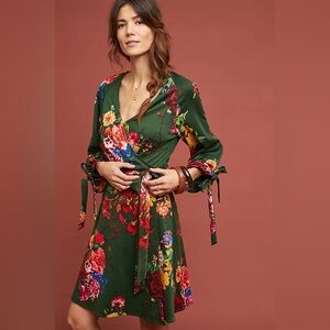 Anthropologie Dahlia Eva Franco Green Floral Wrap Dress Sz Small